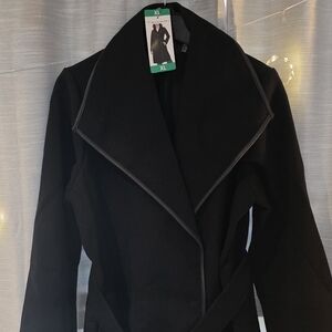 Tahari Black Wrap Trench Coat with Self-Tie Belt